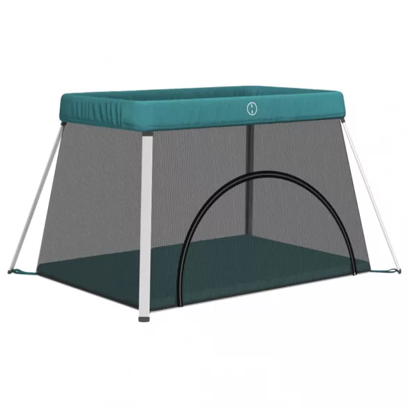 zöld vászonszövet babajáróka matraccal