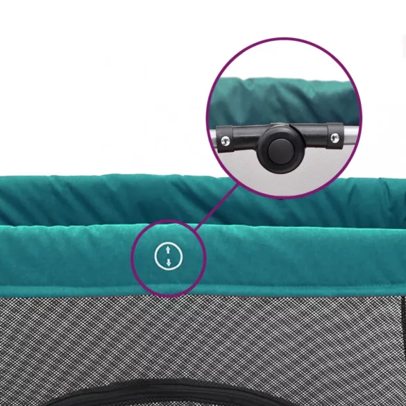 zöld vászonszövet babajáróka matraccal