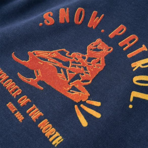 Sötétkék melange és narancs kapucnis gyerekpulóver 128