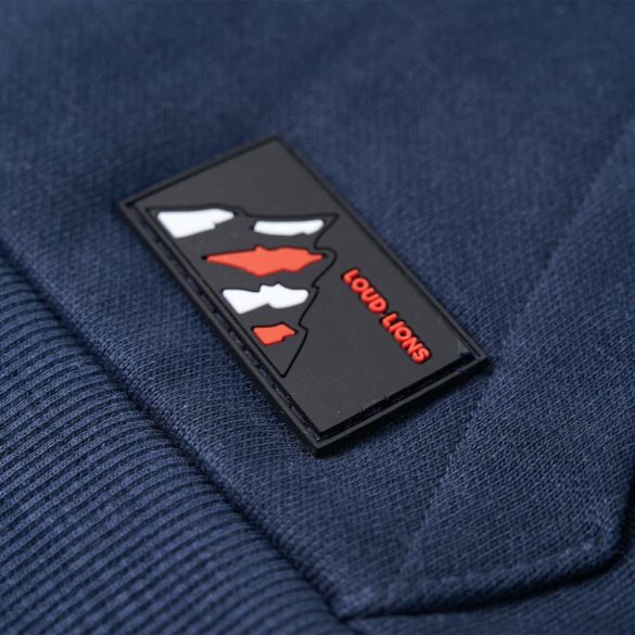 Sötétkék melange és narancs kapucnis gyerekpulóver 140