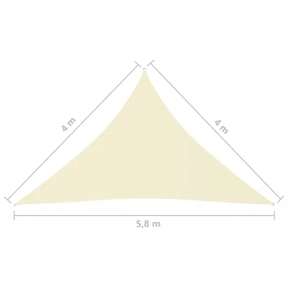 krémszínű háromszög alakú oxford-szövet napvitorla 4x4x5,8 m