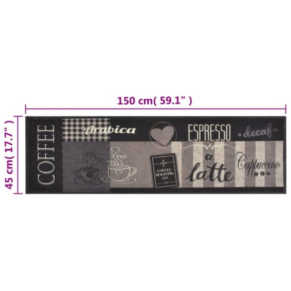fekete mosható coffee feliratos bársony konyhaszőnyeg 45x150 cm