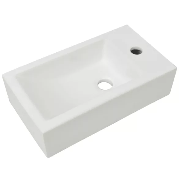 téglalap-alakú, fehér kerámia mosdókagyló csaptelep furattal 46x25,5x12 cm