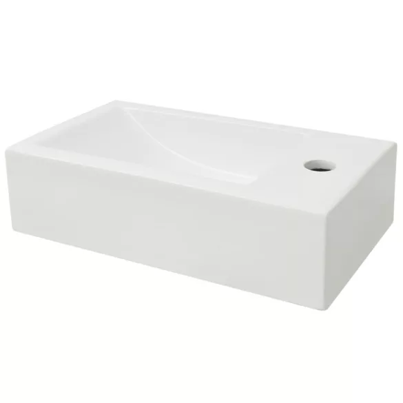 téglalap-alakú, fehér kerámia mosdókagyló csaptelep furattal 46x25,5x12 cm