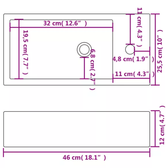 téglalap-alakú, fehér kerámia mosdókagyló csaptelep furattal 46x25,5x12 cm