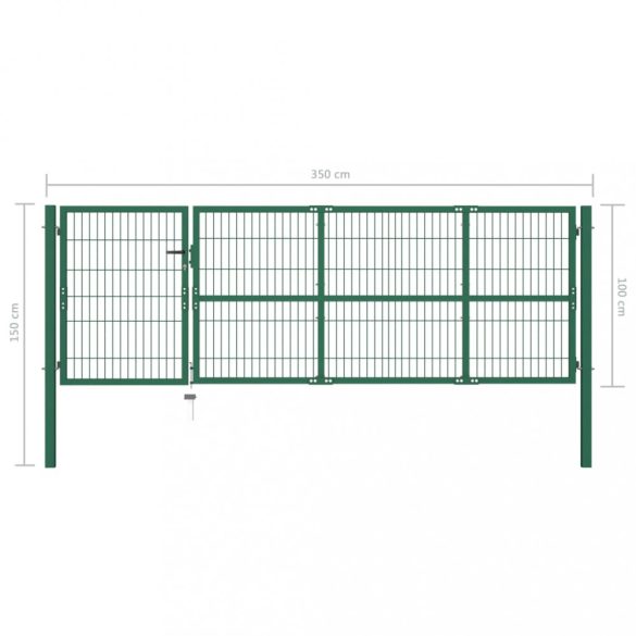 zöld acélkerítés kerítéskapu oszlopokkal 350 x 100 cm