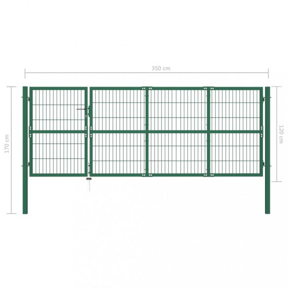 zöld acélkerítés kerítéskapu oszlopokkal 350 x 120 cm