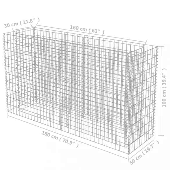 horganyzott acél gabion magaságyás 180 x 50 x 100 cm