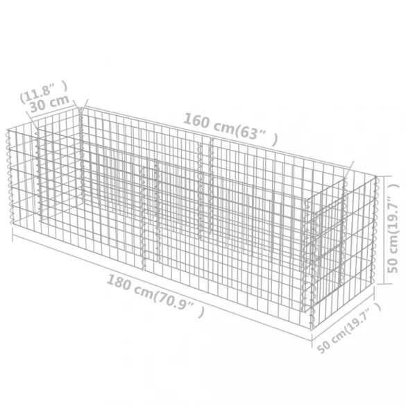 horganyzott acél gabion magaságyás 180 x 50 x 50 cm
