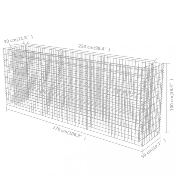 horganyzott acél gabion magaságyás 270 x 50 x 100 cm