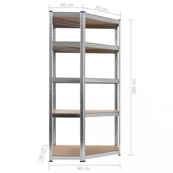 5 szintes ezüstszínű acél és szerelt fa sarokpolc