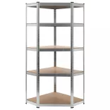 5 szintes ezüstszínű acél és szerelt fa sarokpolc