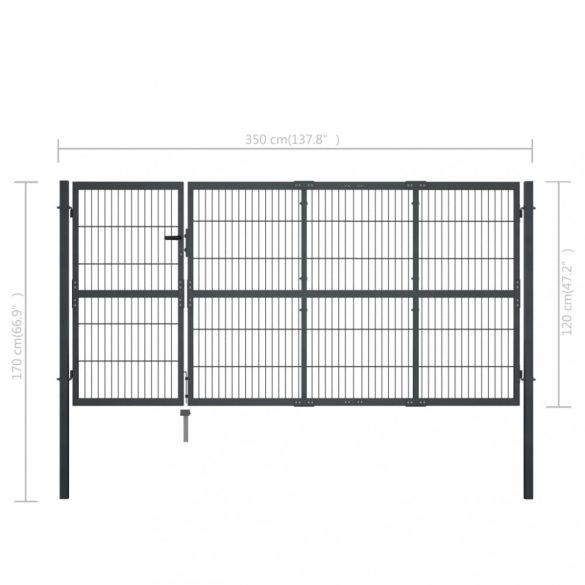 antracit színű acél kerti kapu oszlopokkal 350 x 120 cm