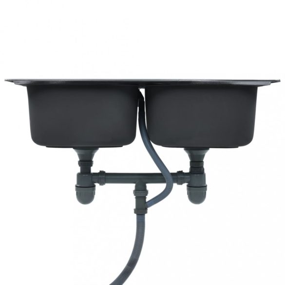 kétmedencés rozsdamentes acél mosogató szűrővel és szifonnal