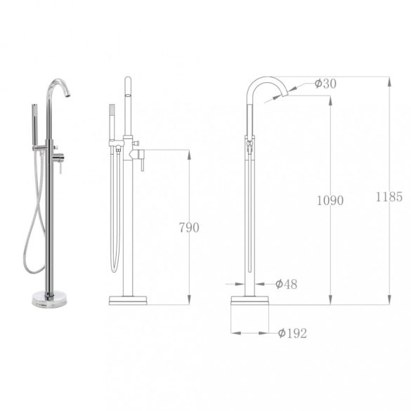szabadon álló rozsdamentes acél kádtöltő csaptelep 118,5 cm