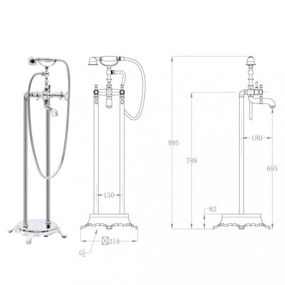 ezüstszínű szabadon álló acél kádtöltő csaptelep 99,5 cm