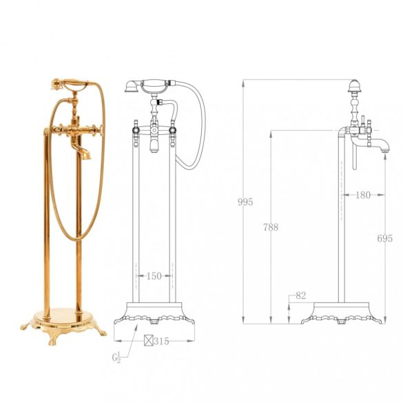 aranyszínű szabadon álló acél kádtöltő csaptelep 99,5 cm