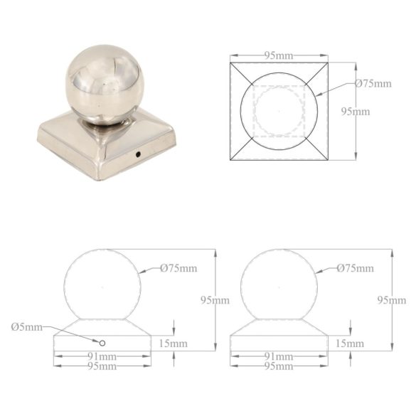 6 db gömb alakú rozsdamentes acél kerítésoszlop-sapka 91x91 mm