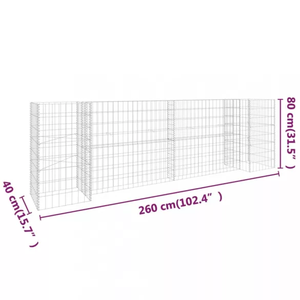 H alakú acéldrót virágtartó gabion 260 x 40 x 80 cm
