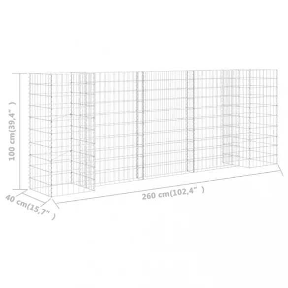 H alakú acéldrót virágtartó gabion 260 x 40 x 100 cm