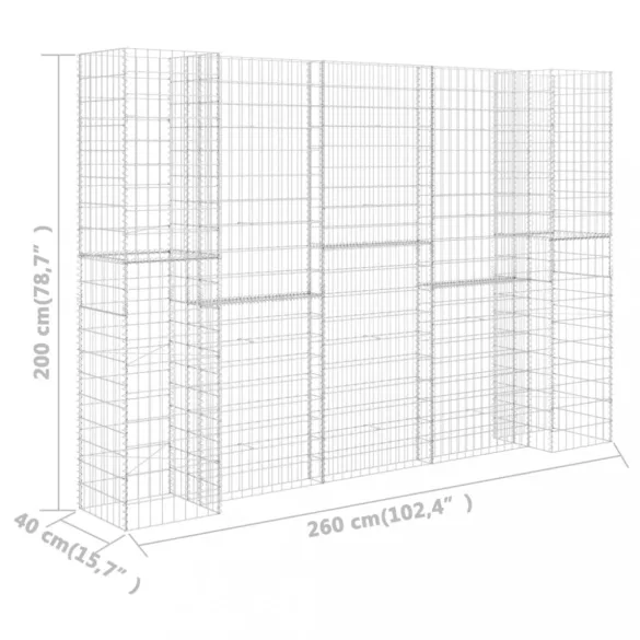 H alakú acéldrót virágtartó gabion 260 x 40 x 200 cm