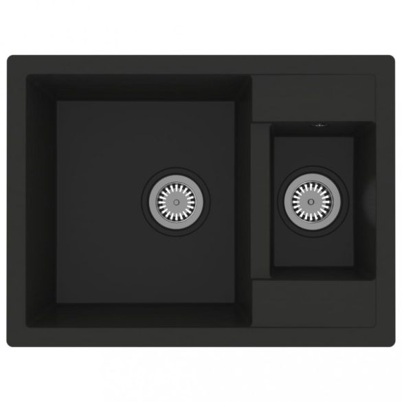 fekete gránit 2 medencés konyhai mosogató túlfolyóval