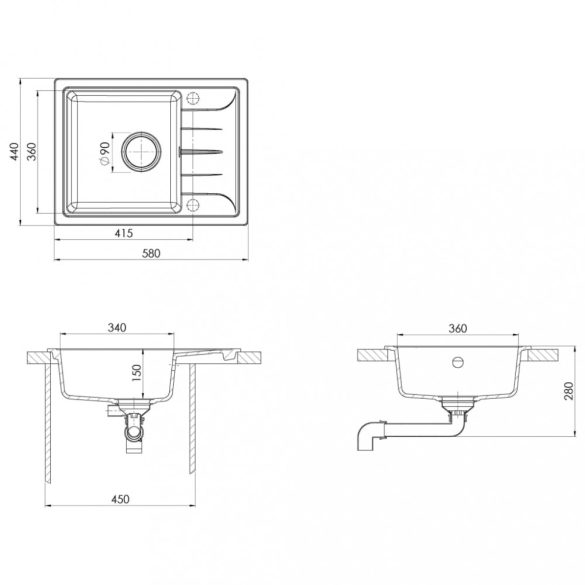 fekete gránit ovális konyhai mosogatótálca túlfolyóval