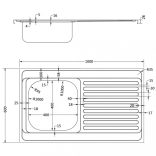 ezüst rozsdamentes acél lefolyós konyhamosogató 1000x600x155 mm