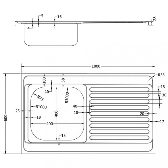 ezüst rozsdamentes acél lefolyós konyhamosogató 1000x600x155 mm