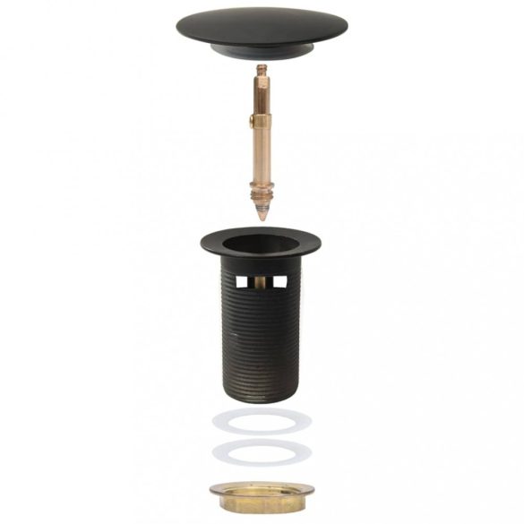 fekete nyomógombos leeresztőszelep túlfolyóval 6,4x6,4x9,1 cm