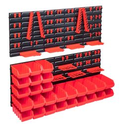   103 darabos piros és fekete tárolódoboz szett fali panelekkel