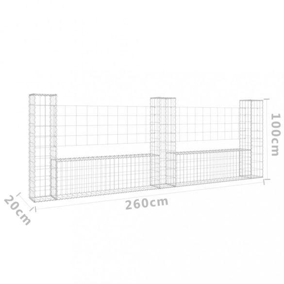 U-alakú vas gabionkosár 3 oszloppal 260 x 20 x 100 cm