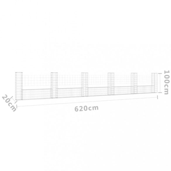 U-alakú vas gabionkosár 6 oszloppal 620 x 20 x 100 cm