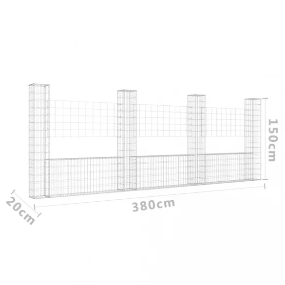 U-alakú vas gabionkosár 4 oszloppal 380 x 20 x 150 cm