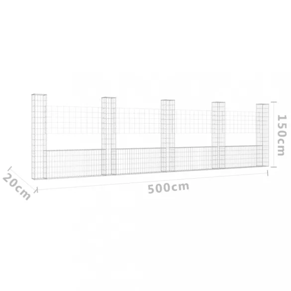 U-alakú vas gabionkosár 5 oszloppal 500 x 20 x 150 cm