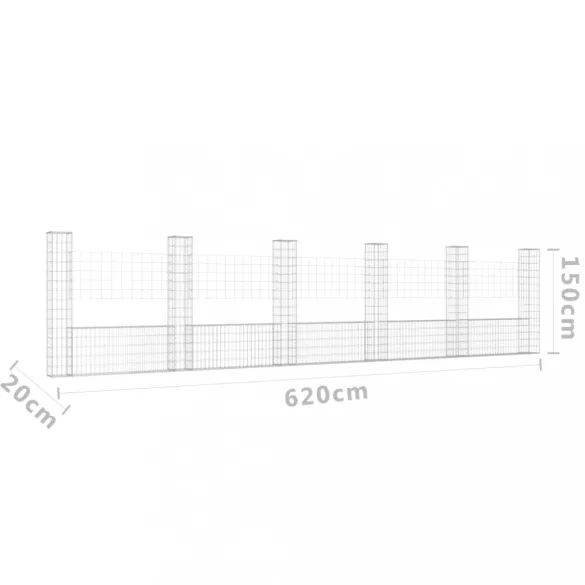U-alakú vas gabionkosár 6 oszloppal 620 x 20 x 150 cm