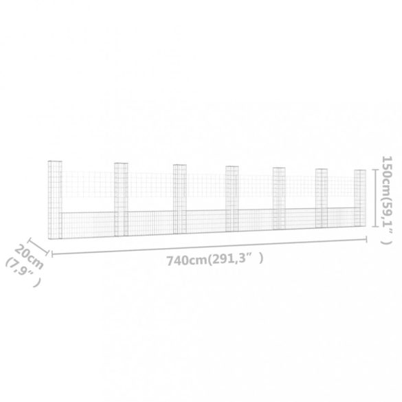 U-alakú vas gabionkosár 7 oszloppal 740 x 20 x 150 cm