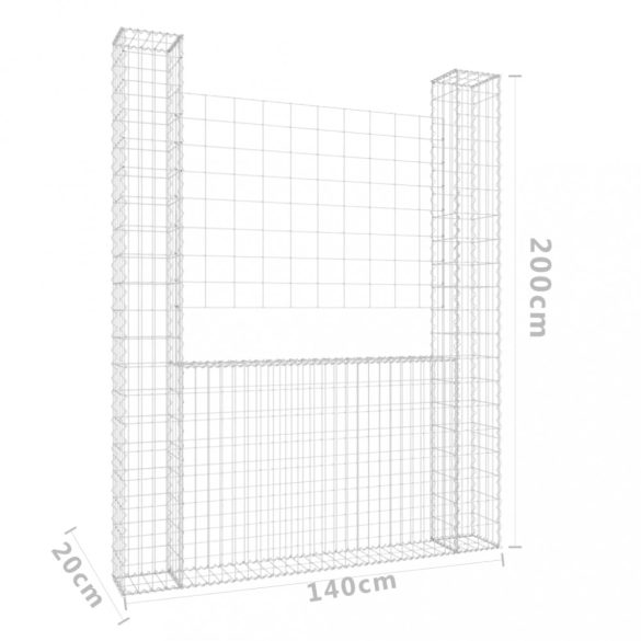 U-alakú vas gabionkosár 2 oszloppal 140 x 20 x 200 cm