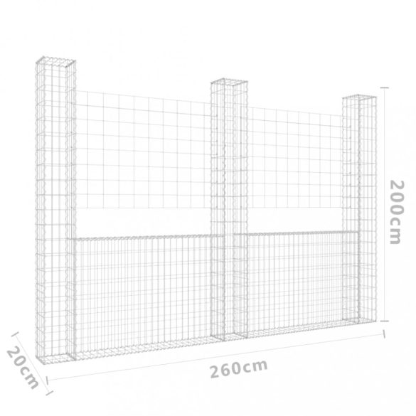U-alakú vas gabionkosár 3 oszloppal 260 x 20 x 200 cm