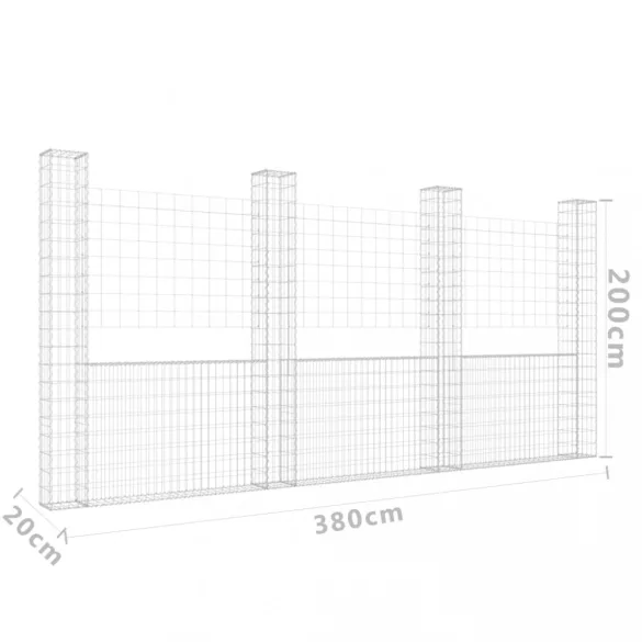 U-alakú vas gabionkosár 4 oszloppal 380 x 20 x 200 cm