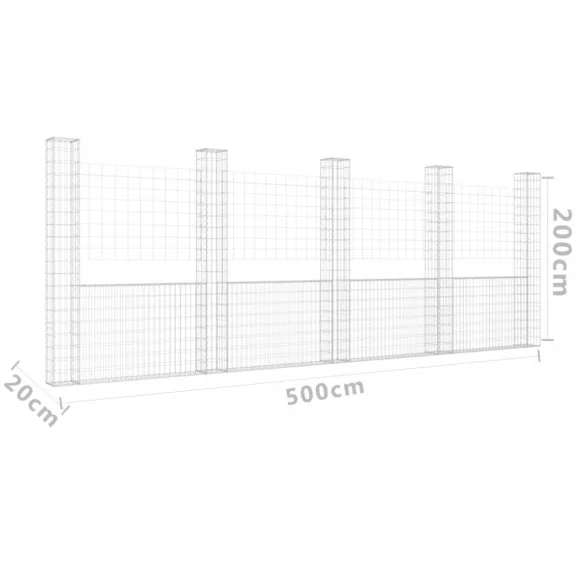 U-alakú vas gabionkosár 5 oszloppal 500 x 20 x 200 cm