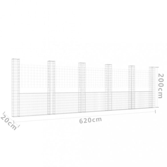 U-alakú vas gabionkosár 6 oszloppal 620 x 20 x 200 cm