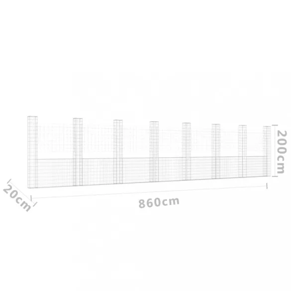 U-alakú vas gabionkosár 8 oszloppal 860 x 20 x 200 cm