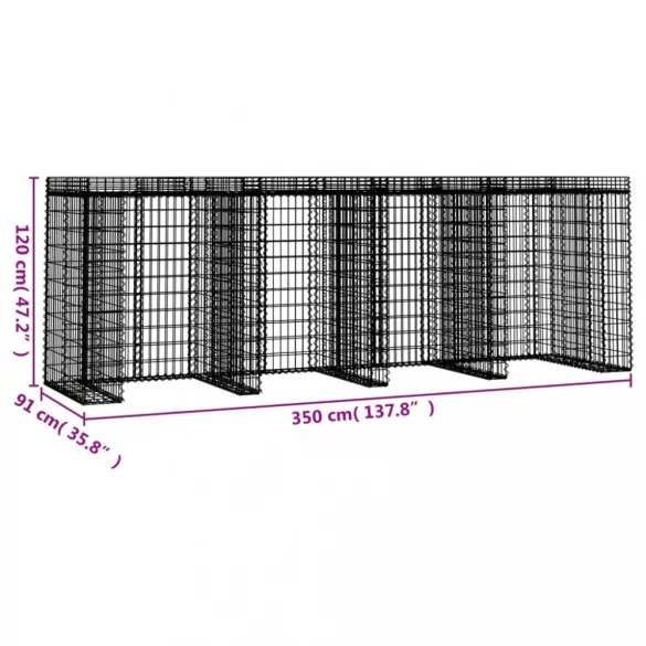 horganyzott vas gabionkosár szemeteskukához 350 x 91 x 120 cm