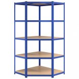 5 szintes kék acél és szerelt fa sarokpolc