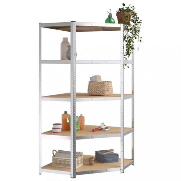 5 szintes nagy teherbírású ezüst acél és szerelt fa sarokpolc