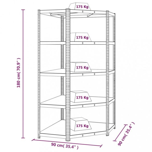 5 szintes nagy teherbírású ezüst acél és szerelt fa sarokpolc