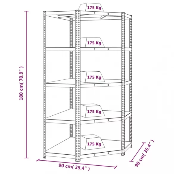 5 szintes nagy teherbírású szürke acél és szerelt fa sarokpolc