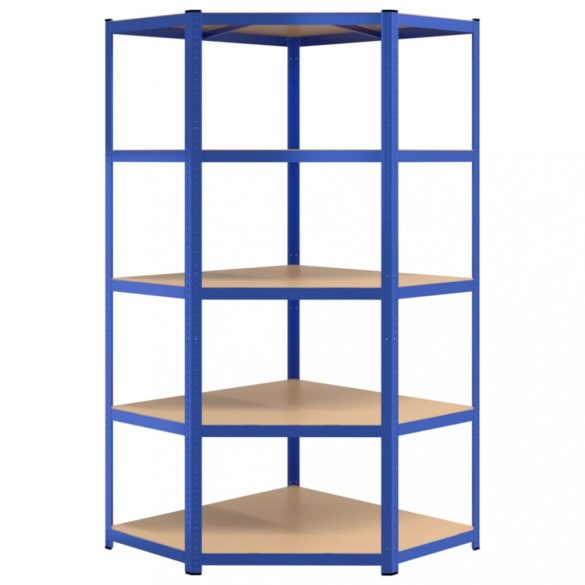 5 szintes kék acél és szerelt fa sarokpolc