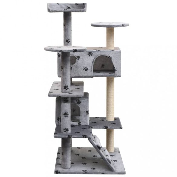 szürke macskabútor mancsnyomokkal és szizál kaparófákkal 125 cm